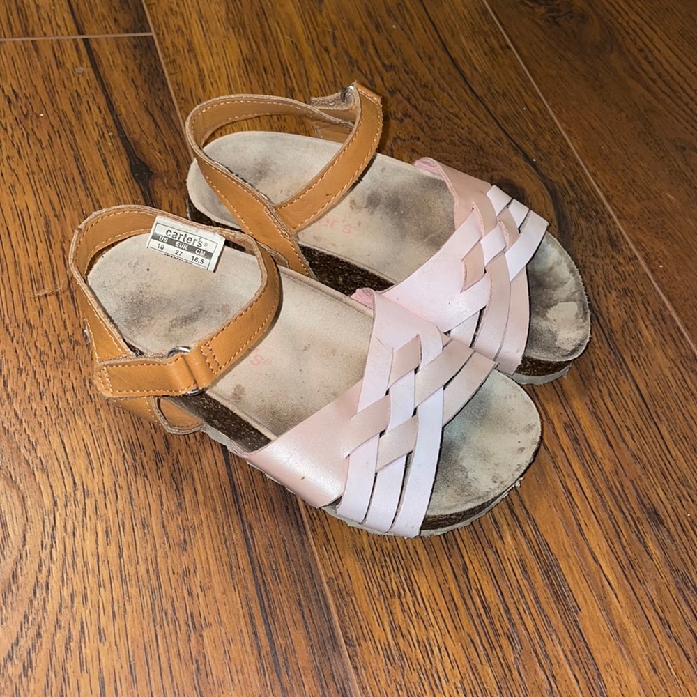 Girls cork sandals with pearl pink and tan Velcro strap